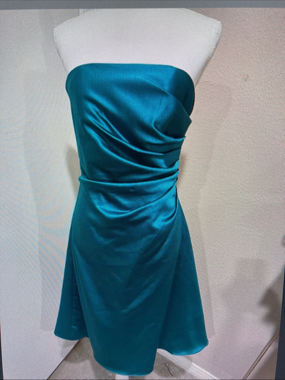 Strapless Teal Satin Midi Dress — Women's Elegant Evening Dress
